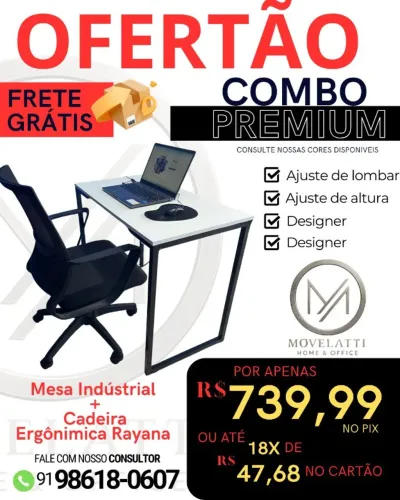 Combo (Mesa industrial + Cadeira Rayana ergonomica)