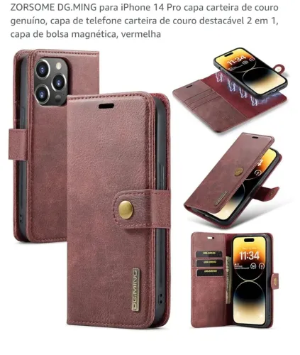 Capa Carteira Couro iPhone 14 Pro DG.MING Vermelha
