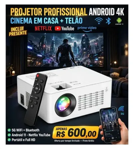 Projetor Profissional Android 4k Portátil 5g Wifi Full Hd