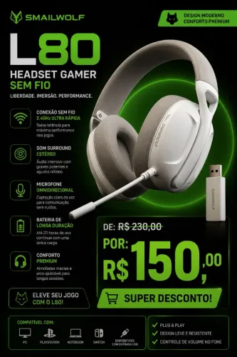 Headset Gamer Sem Fio Smailwolf L80 | Novo com Garantia