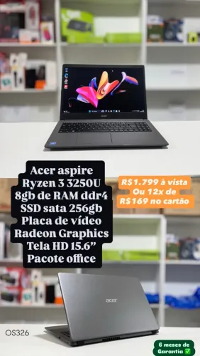 Notebook Acer Aspire Ryzen 3 3250U, 8GB RAM, SSD 256GB, Tela 15.6" - Garantia