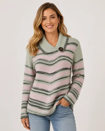 Blusa de Tricô Feminina Taythi Listrada com Gola Transpassada - Tam M