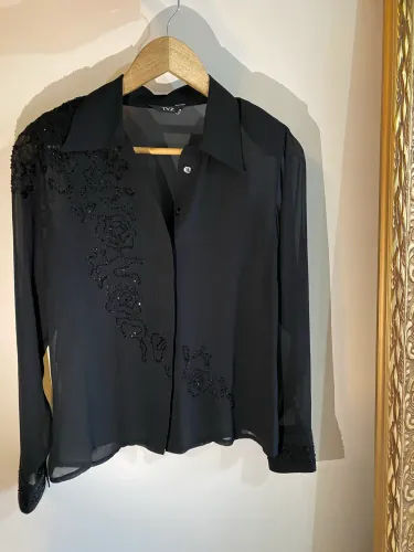 Camisa Preta Manga Longa TVZ Tam M - Bordado com Pedrarias feminina verão voil
