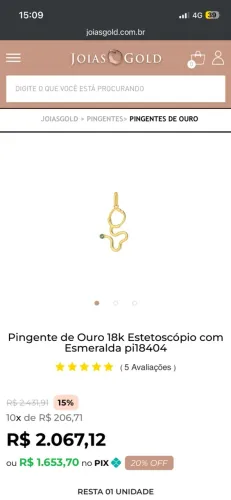 Pingente Estetoscópio Ouro 18K com Esmeralda
