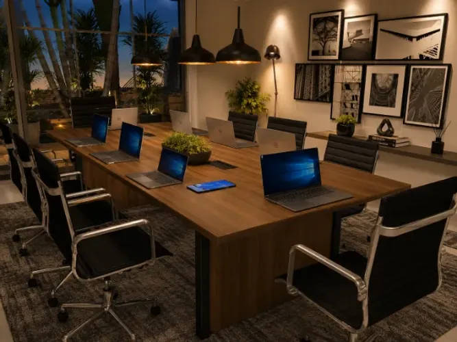 Mesa de Reunião Delluxe Wood: 8 Tomadas: L220cm x L100cm x A74cm.