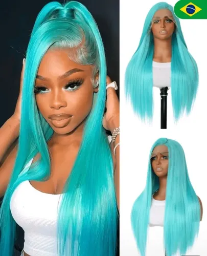 SALLYWELL Peruca de renda frontal sintética azul menta de 24 polegadas, cabelo liso