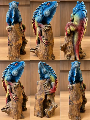 Escultura de Iguana em Madeira e Resina - Peça Decorativa Artesanal Única
