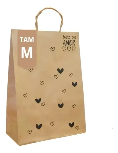 Sacolas Papel Kraft Coração Feito com Amor para Presentes, Delivery, Eventos - 50 Unidades