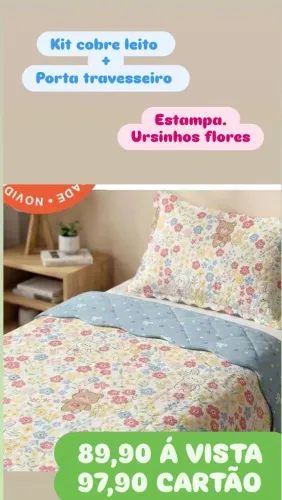 Kit cobre leito ursinhos e flores dupla face colcha + porta travesseiro