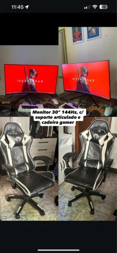 Monitor 30" 144Hz, c/ suporte articulado e cadeira gamer