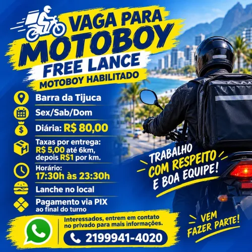 VAGA PARA MOTOBOY - FREE LANCE BARRA DA TIJUCA <br>