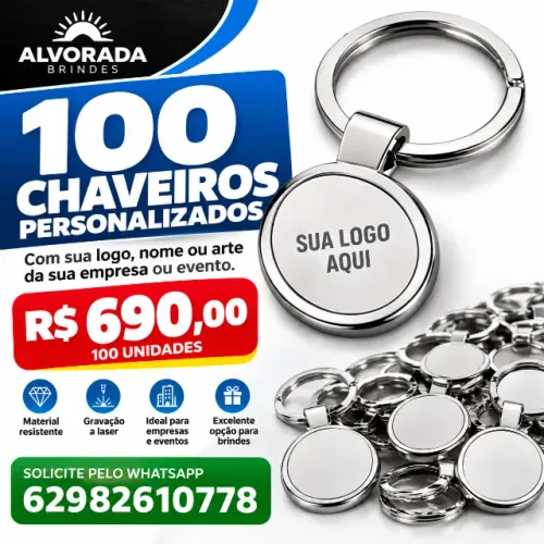 100 Chaveiros Inox Personalizados com Caixa