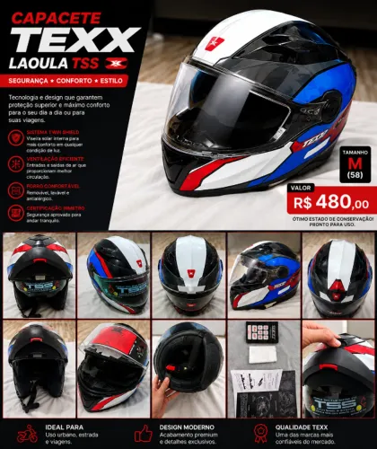 Capacete TEXX Laoula TSS M (58) - Novo - Branco, Preto, Azul e Vermelho