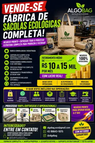VENDE-SE PEQUENA FÁBRICA DE SACOLAS ECOLÓGICAS, COM CLIENTES ATIVOS