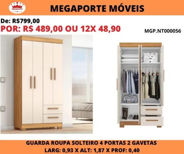 GUARDA ROUPA DE SOLTEIRO 4 PORTAS 
