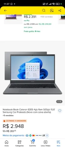 Notebook Book Celeron 6305 4gb Ram Samsung cor prateado 