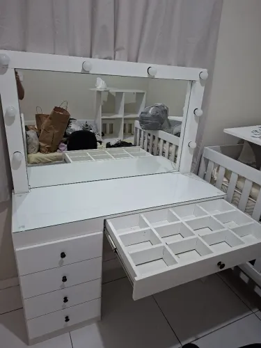 Penteadeira Camarim 120cm com Espelho e Luzes + Tampo de Vidro