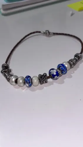 Colar/Choker Pandora Original em Couro Marrom com Pérolas e Charms Raros