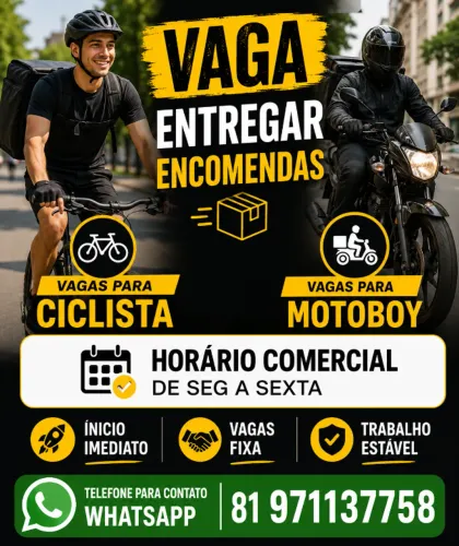 VAGAS PARA CICLISTAS E MOTOBOY PARA ENTREGA DE ENCOMENDAS ÍNICIO IMEDIATO