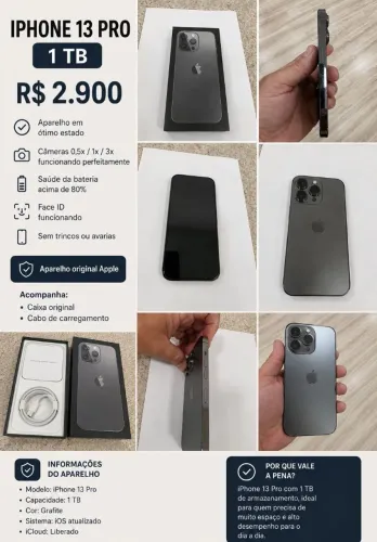 iphone 13 pro 1 Tb, com caixa original cabo e carregador muito conservado nunca foi aberto