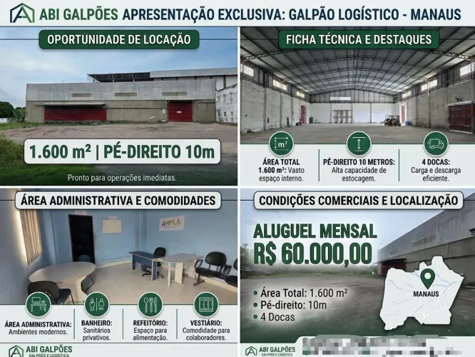 Galpão Logístico e Industrial - 1.600 m² | 10m Pé-Direito | 4 Docas | Manaus