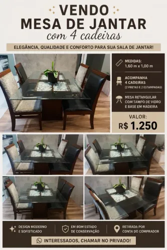 Mesa de Jantar 1,60 m com Tampo de Vidro + 4 Cadeiras ? Linda e Sofisticada