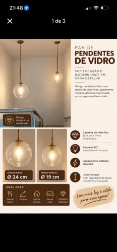Vendo par de pendentes de vidro com acabamento dourado