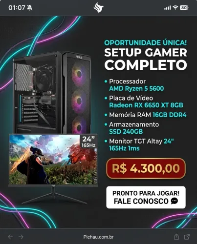 OPORTUNIDADE! SETUP GAMER COMPLETO POR APENAS R$ 4.300,00!