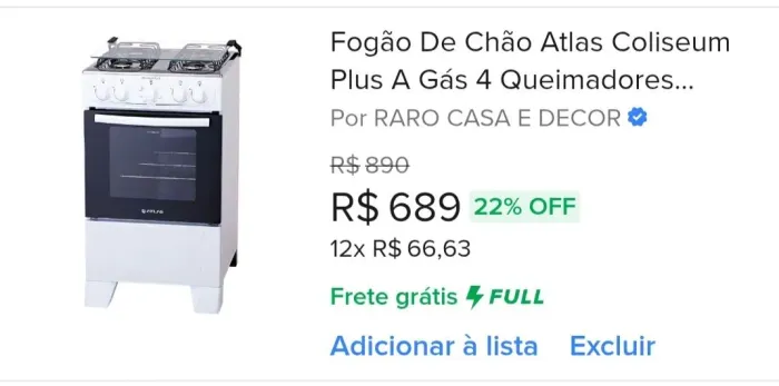 Vendo fogão Atlas Coliseum Plus 4 bocas,o mesmo está novo e na caixa lacrado,faço entrega!
