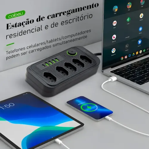 Extensão 5 Metros Coibeu 5 Tomadas E 4 Usb 1 Pd Led Bivolt