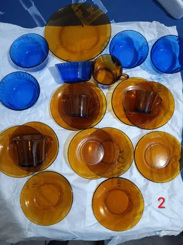 Conjunto de Sobremesa e Chá Âmbar e Azul (Vidro Temperado Duralex/Vintage)