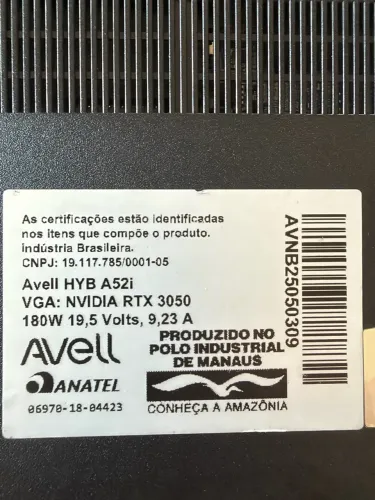 Notebook Gamer Avell A52i i7 13ª Geração RTX 3050 6GB 32GB RAM SSD 1TB