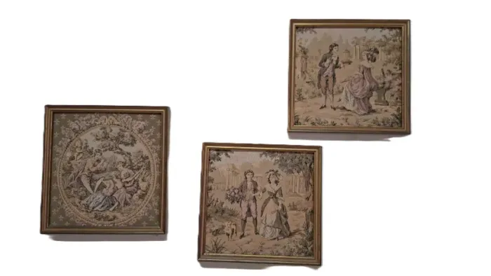 Conjunto 3 Quadros franceses decorativos em tapeçaria estilo Gobelin