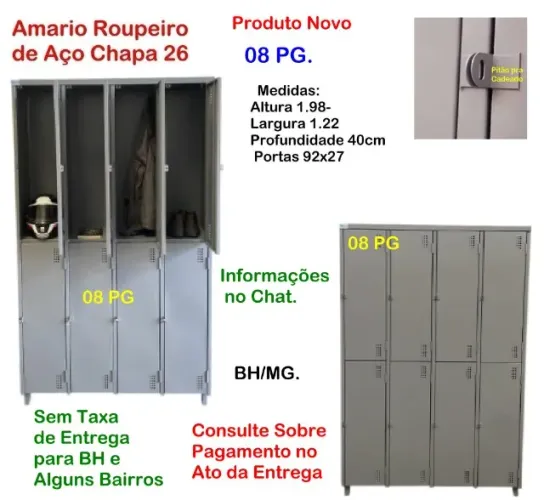 Roupeiro Armário de 08 portas grande moveis indústria vestiário escaninho auto loja casa