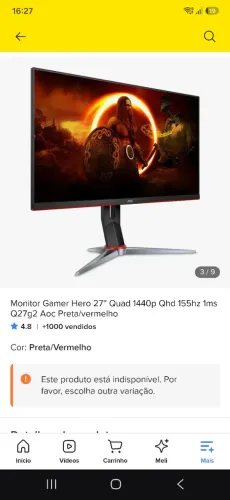 Monitor Gamer Hero 27'' Quad 1440p 155hz AOC com tela quebrada
