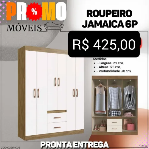 Guarda roupas Jamaica 1.37m 3 cabideiros 6 portas 2 gavetas / 3 cores / pague na entrega 