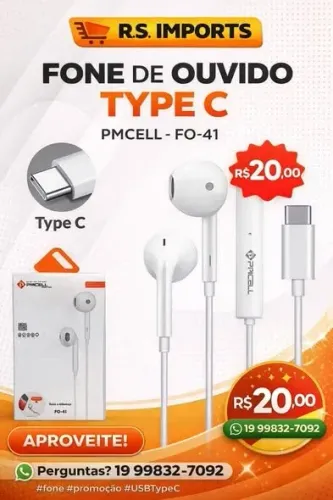 ? QUALIDADE E PREÇO BAIXO É NA R.S. IMPORTS! ? Fone de Ouvido Type C - PMCELL FO-41 