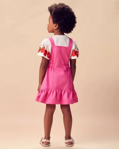 Salopete Infantil em Sarja Rosa Pink Pop com Elástico na Cintura Animê Petit