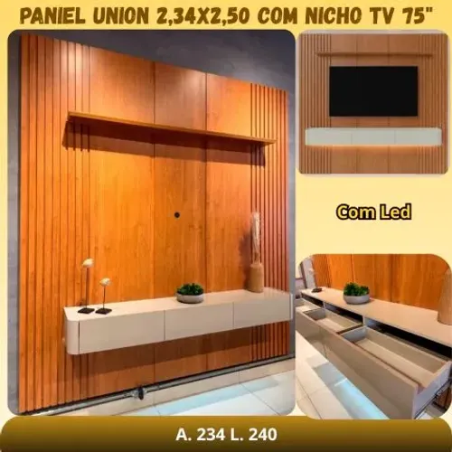 PAINEL UNION 2,34 X 2,50 COM NICHO E LED - PARA TV ATÉ 75"