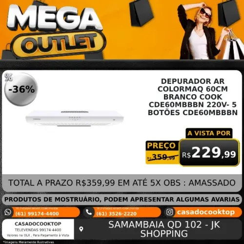 DEPURADOR AR COLORMAQ 60CM BRANCO COOK CDE60MBBBN 220V- 5 BOTÕES CDE60MBBBN