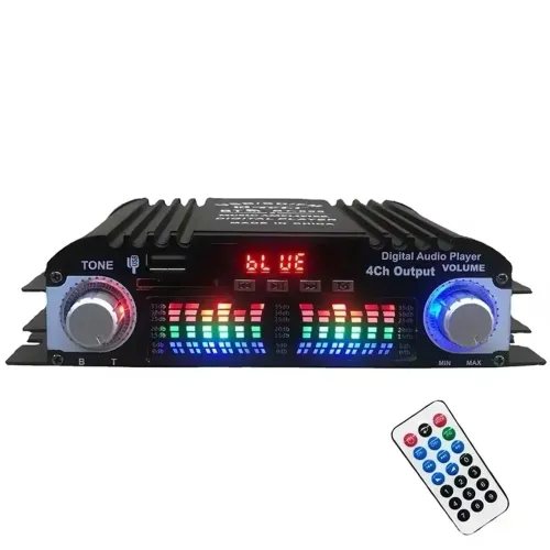 Amplificador de Áudio Digital 4 Canais com Bluetooth e Controle Remoto