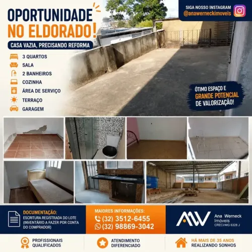 NÃO ACEITA COMPRA ASSISTIDA! RARÍSSIMA OPORTUNIDADE ELDORADO CASA VAZIA FRENTE RUA TERRAÇO