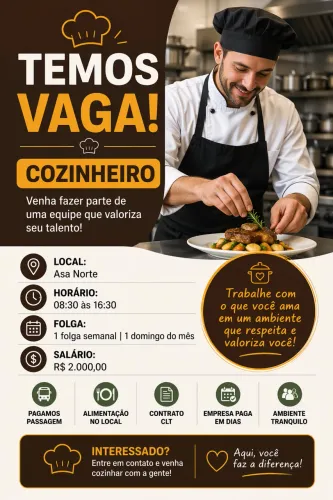 Vaga para cozinheiros (a)