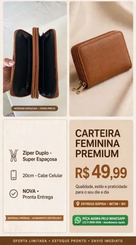 Carteira feminina premium TAM 20 cm fecho duplo (nova) obs cabe um celular