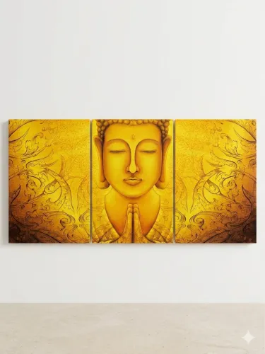 Quadro Decorativo Buda Tríptico (3 peças) - Tons amarelo Dourados