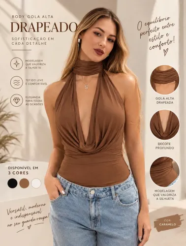 Body Feminino Elegante Decote Profundo com Gola Halter
