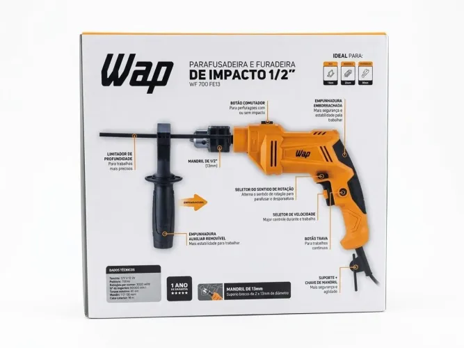 Furadeira Parafusadeira de Impacto WAP WF 700FE W2 700W 220V 3/8 40Nm Lim. Profundidade