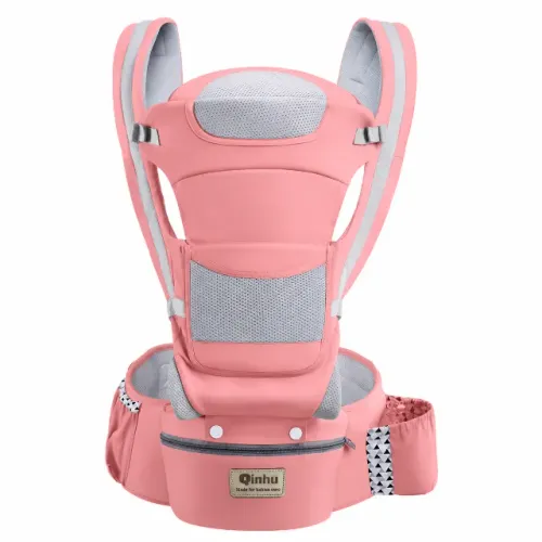 Canguru Ergonômico Qinhu com Apoio Lombar Bolsa Extra Rosa