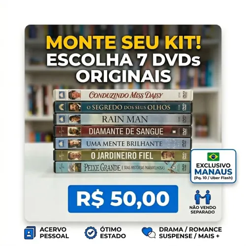 Escolha 7 DVDs originais por R$50!<br>7 filmes por R$ 50,00 no Pix