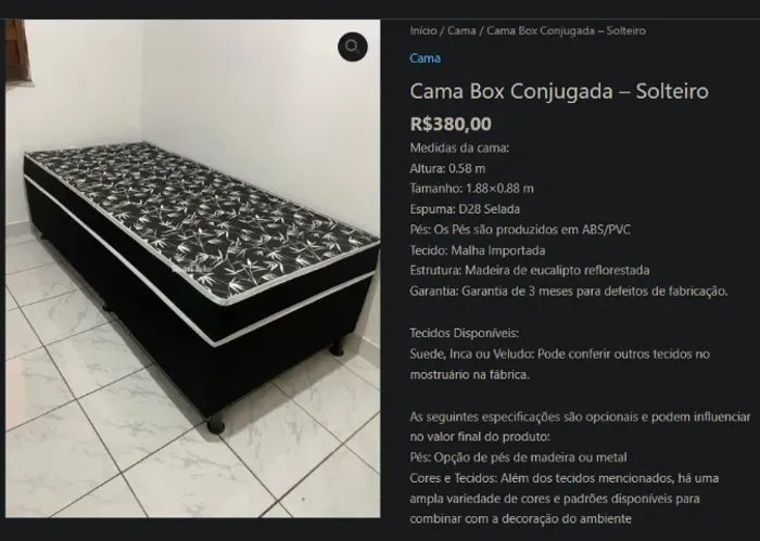 Cama Box Conjugada - Solteiro R$380,00 Medidas da cama: Altura: 0.58 m Tamanho: 1.88×0.88